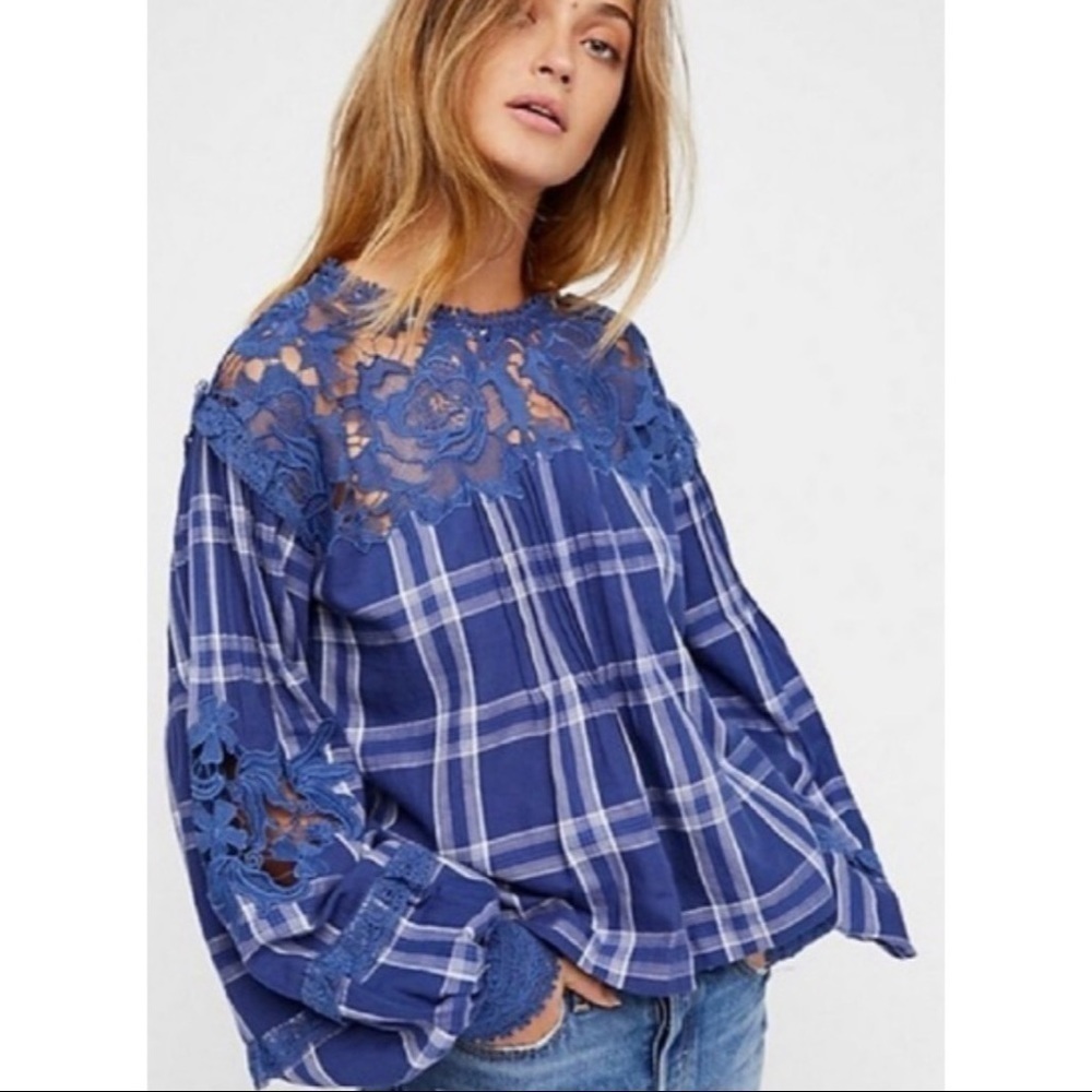 Free People Darling Diane Lace Top Blue White Flannel Plaid Size Medium.